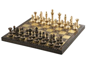12’’ Handmade Chess Set, 32 Staunton Brass Pieces, Black and Gold Board - Picture 1 of 3