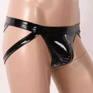 Men Sexy Shiny PU Leather Underwear Crotch Zipper Bikini Briefs Tights Lingerie - Picture 1 of 12