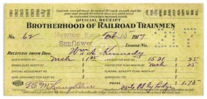 1917 Brotherhod of Railroad Trainmen Receipt Newton KS Sunflower Lodge Labor C1 - Picture 1 of 2