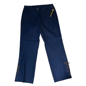 David Paul High Waist Denim Jeans Dark Blue Stretch Tie Accent 14 New - Picture 1 of 11