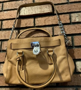 Michael Kors Brown Satchel Metal Chain with Lock Handbag Purse - Picture 1 of 5