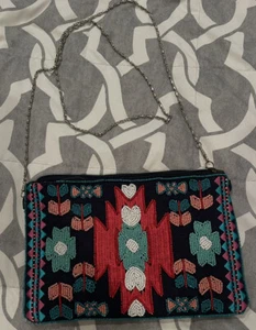 STEVEN Beaded Aztec Front Blue Pink Clutch Zip Purse - Picture 1 of 3