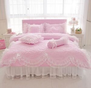 Pure Cotton Lace Bedding King Queen Twin Bed Princess White Pink Set Pillowcase