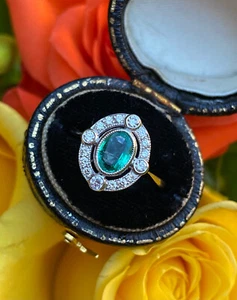 Emerald and Diamond Cluster Platinum Ring 0.30ct + 0.80ct - Picture 1 of 6