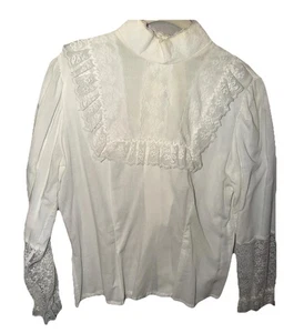 Vintage 80er Jahre weiße viktorianische Bluse Spitze vorne & Ärmel - Bild 1 von 8