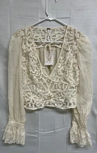 Free People Sorelle Lace Longsleeve Top Ivory White Bohemian Size S - Picture 1 of 3