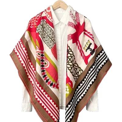 51"x51"Red Classic Harness Print 80%Wool 20%Silk Thin Scarf Shawl 130x130cm4-95 - Image 1 of 4