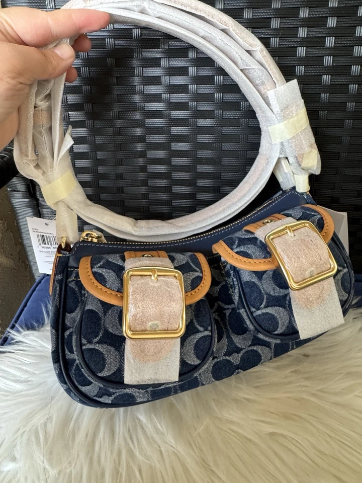 COACH Ashton Baguette Bag In Signature Canvas Denim/Brown CY700 Outlet