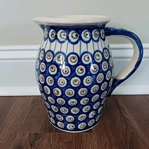 Jarra de pavo real azul cerámica polaca BOLESLAWIEC 8" hecha a mano - Imagen 1 de 5