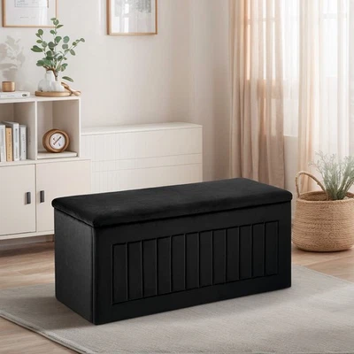Rectangle Storage Ottoman Bench, Channel Tufted Velvet Upholstered Bedroom Bench - Image 1 of 4