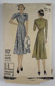 Vintage 40s Du Barry Dress Sewing Pattern 1988B Sz 16 34B L/S Sleeves Unprinted - Picture 1 of 8
