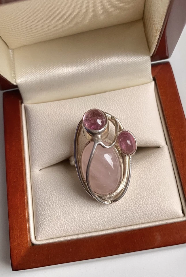 Sterling Silver 925 Rose Quartz & Pink Tourmaline Ring Size O - Image 1 of 4
