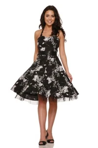 H&R London Flower Pinup Swing Rockabilly Floral Roses Black Halter Dress 0211 - Picture 1 of 3