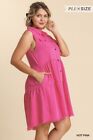 Plus Size Umgee Boho Tiered Ruffle Frayed Hem Dress Tunic Hot Pink XL 1XL