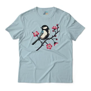 Nature Inspired Graphic T-Shirt - Chickadee Bird and Blossom Art Design - Unisex - Picture 1 of 8