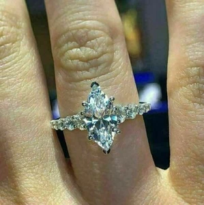 2CT Marquise Cut Simulated Diamond Engagement Wedding Ring 14K White Gold Over - Picture 1 of 7