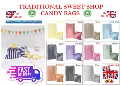 MUSTBEBONKERS Candy Stripe Bags Favour Paper Sweet Loot Candy 7x9" Goody Gift Party Cake Bag