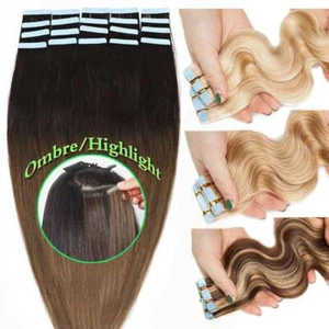 Thick 150g+ Tape In BODY WAVE 100% Remy Human Hair Extensions Full Head Ombre US - Picture 1 of 53