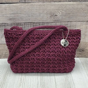 The SAK Double Strap Handbag Plum Purple Crocheted Zip Closure Preowned Charm - Picture 1 of 16