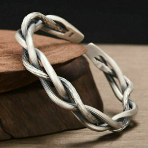 Men Twisted Bracelets Vintage Cuff 925 Handmade Silver Open Sterling Bangle Thai