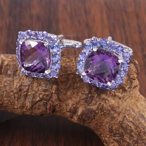 Natural Amethyst & Tanzanite Gemstones 925 Sterling Silver Cufflinks for Men #45 - Picture 1 of 3