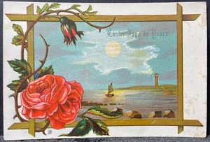 Unbenutzte Vintage Osterfreudenkarte - rote Rose, Segelboot, Leuchtturm - Bild 1 von 1