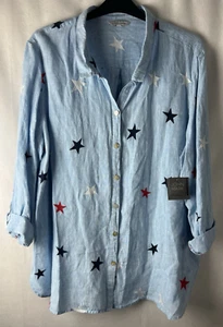 John Mark Women's Shirt Top Size 3X Linen 4th of July Star Embroidered Blue F16 - Picture 1 of 19