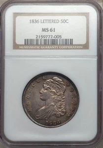 Busto con cappuccio e bordo con lettere 1836 mezzo dollaro NGC MS-61 - Foto 1 di 2