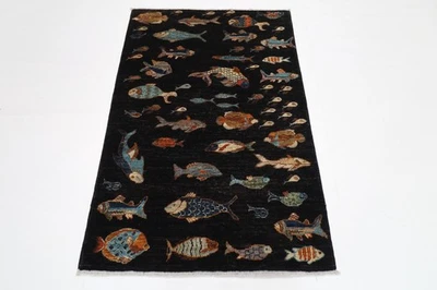 3 x4 ft Fish Animal Black Area Rug Afghan Traditional Hand Knotted Wool Rug - Image 1 of 4