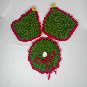 Gehäkelte Weihnachten Topflappen 3er Set heiße Pads Untersetzer grün rot Weihnachtsdeko - Bild 1 von 5