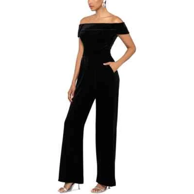 Xscape Black Velvet Off the Shoulder Velvet Jumpsuit Size 16 $219 - Image 1 of 2
