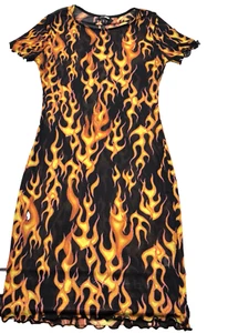 Deadstock Fashion Nova Black Orange Flames Scallop Hem Sheer Coverup Dress M - Picture 1 of 11