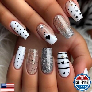 MERVF Long Press on Nails Coffin Fake Nails White French Tip Glue on Nails Ca - Picture 1 of 5