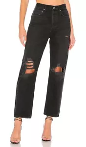 AGOLDE 90s Jeans Size 24 Black High Rise Button Fly Straight Leg Distressed - Picture 1 of 15