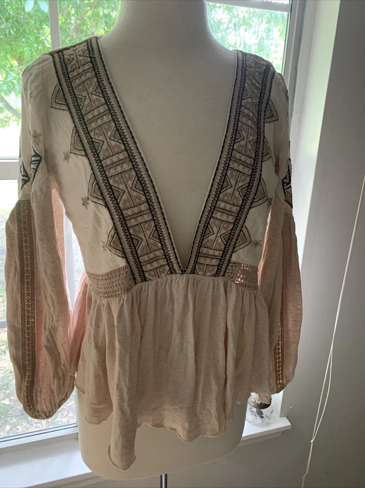 People Aria Embroidered Top Size L Natural Combo Suggested Retail