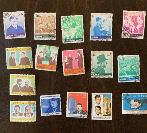 JOHN F. KENNEDY LOT OF 16 DIFFERENT STAMPS FROM AJMAN, ECUADOR, CONGO, PARAGUAY Cover