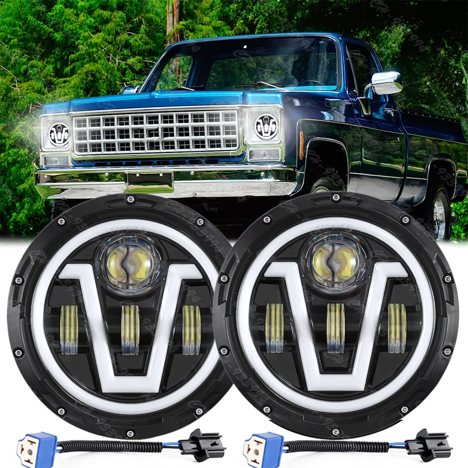 Par de faros LED redondos de 7" de haz alto bajo para Chevy 1975-1980 K10 K20 K5 C10 Foto 1 de 4
