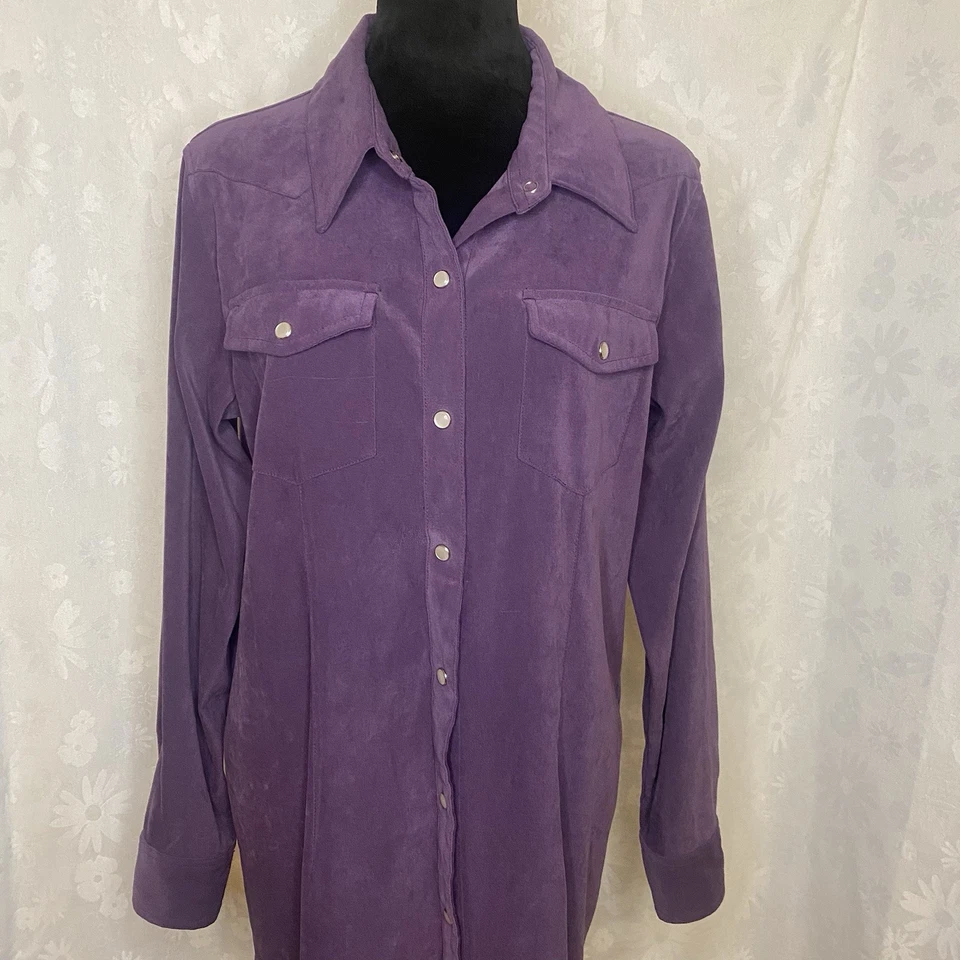 Maxi Camisa Vestido Denim & Co Para Mujer Púrpura Manga Larga Perla Botón Occidental Talla S Foto 1 de 4