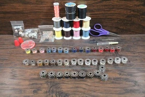 Large Lot Sewing Supplies Thread Bobbins Scissors Buttons Tools Misc Craft - Picture 1 of 8