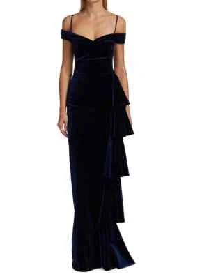 Nuevo con etiquetas Vestido de Terciopelo Chiara Boni Willa Hombro Descubierto Azul Notte 8 EE. UU./44IT PRECIO DE VENTA SUGERIDO POR EL FABRICANTE $1090 Foto 1 de 4