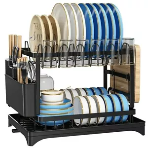 2 Tier Dish Drainer Drying Rack with Cup Holder Cutlery Tray Kitchen Organiser - Picture 1 of 25