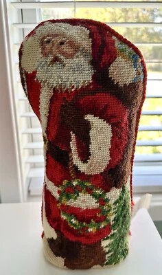 Vintage VTG 13" Wool Needlepoint Finish Standing Up Decor Old World Santa Claus - Image 1 of 4