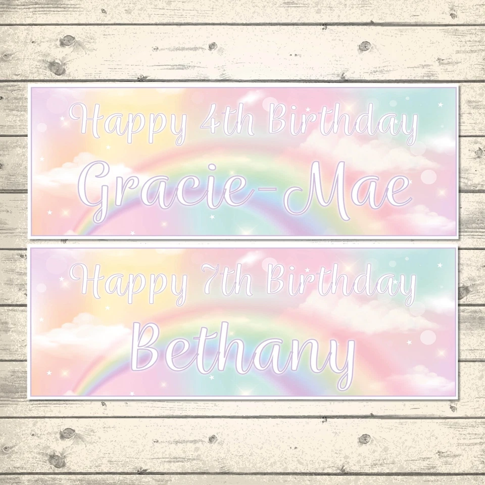 2 BANDERAS DE CUMPLEAÑOS ARCO IRIS PERSONALIZADAS 800mm x 297mm - diseño 3 - cualquier nombre/edad Foto 1 de 1