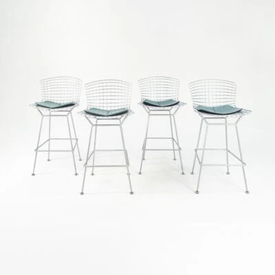 2010s Knoll Harry Bertoia Bar Stool in Satin Chrome with Blue Seats 4x Available - Image 1 of 4