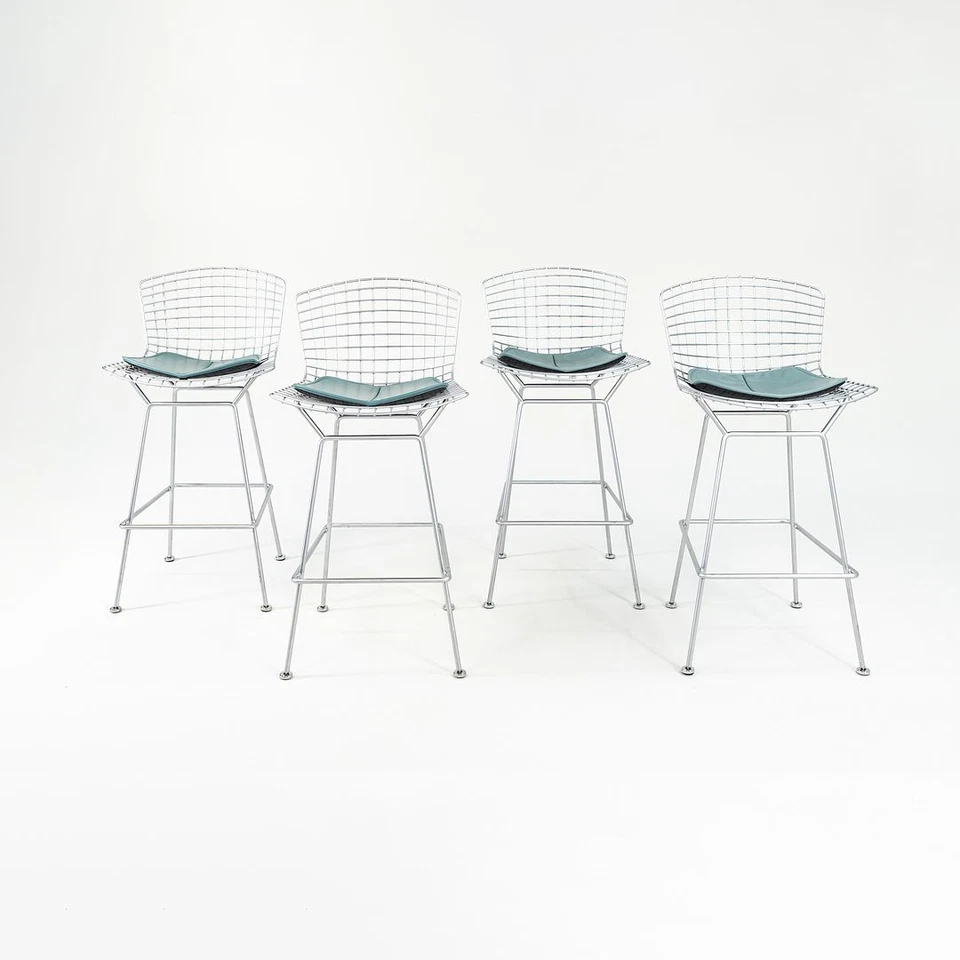 2010s Knoll Harry Bertoia Bar Stool in Satin Chrome with Blue Seats 4x Available - Image 1 of 4
