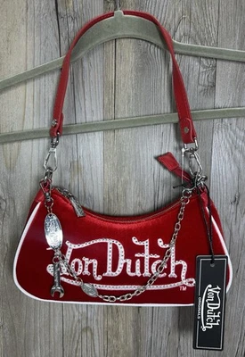 Von Dutch Red And White Rhinestone Velour Shoulder Bag Hard To Find Purse NWT - Image 1 of 4