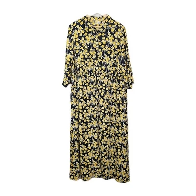 Boden Midi Dress Black Yellow Floral Button Front Stretch Waist 3/4 Sleeve 20/22 - Image 1 of 4
