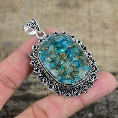Rame Blu Apatite Gemma Artigianale 925 Argento Sterling Ciondolo Gioielli Regali - Immagine 1 di 4
