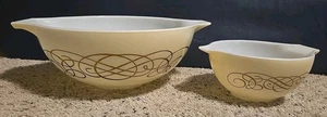 2 Vintage Pyrex 441 & 444 Tan Glass Bowls Gold Scroll Cinderella Print Pattern - Picture 1 of 19