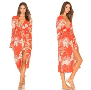 Free People Floral Button Front Midi Dress Orange Red Tie Waist Boho Size Small - Picture 1 of 8